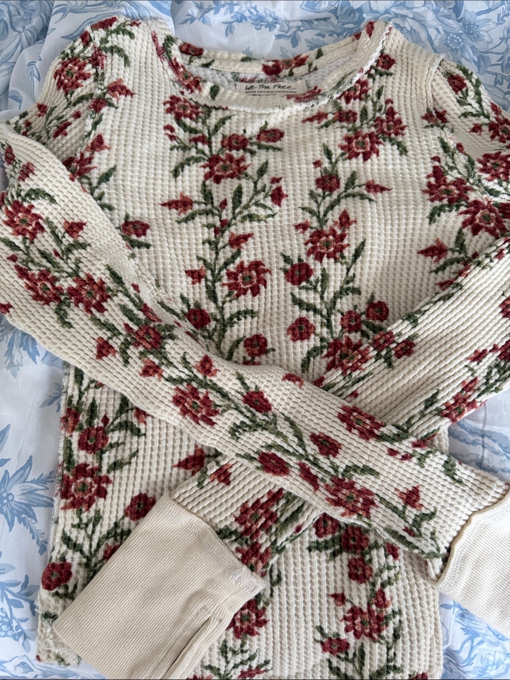 Free People Cream Waffle Knit Sweater with Red Floral Print